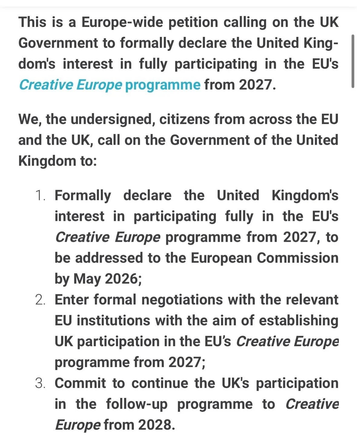 Link in bio☝️

After Horizon and Erasmus+, it&rsquo;s time for the UK to join Creative Europe!

Do you agree? 

Are you a UK or EU citizen? 

✍️Then sign and share this petition, which will be delivered to the British government later this year: peti