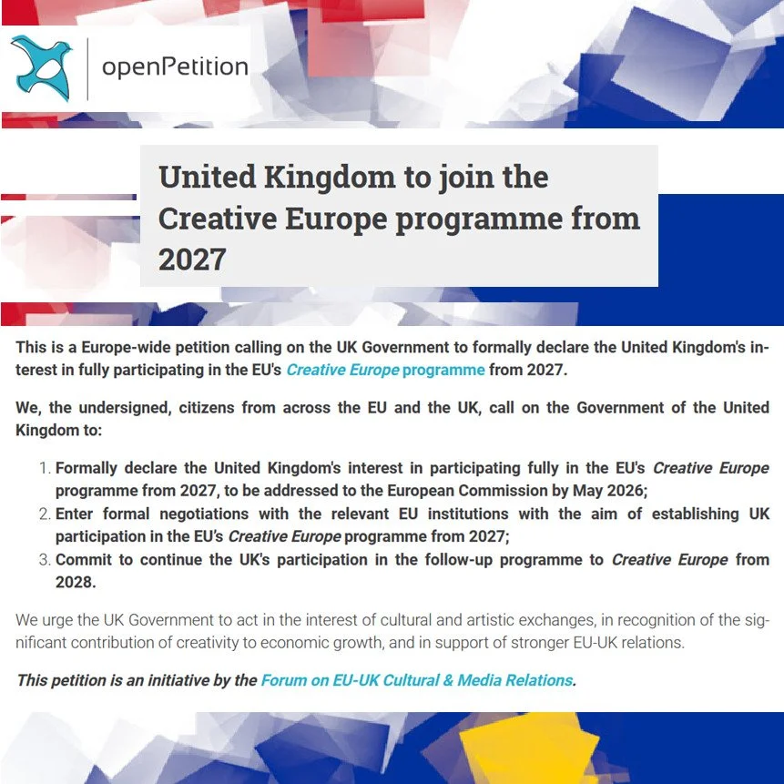 Sign our petition for the United Kingdom to join again the EU's Creative Europe programme! 
-> http://openpetition.org/!ukjoince