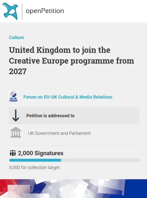 😍 Just eached 2,000 signatures with our petition! 📜

Do you also think the UK should join the #CreativeEurope programme again?

📝 Sign here: http://openpetition.org/!ukjoince