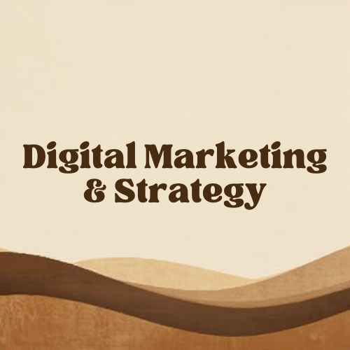 Digital Marketing & Strategy text on a beige background with abstract brown wave design.