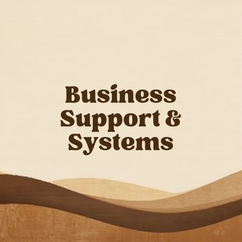 Text that says "Business Support & Systems" on a beige background with brown decorative waves.
