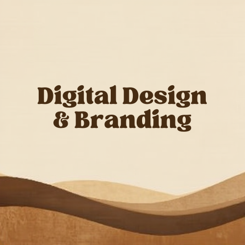 Text reading 'Digital Design & Branding' on a beige background with abstract brown wave patterns at the bottom.