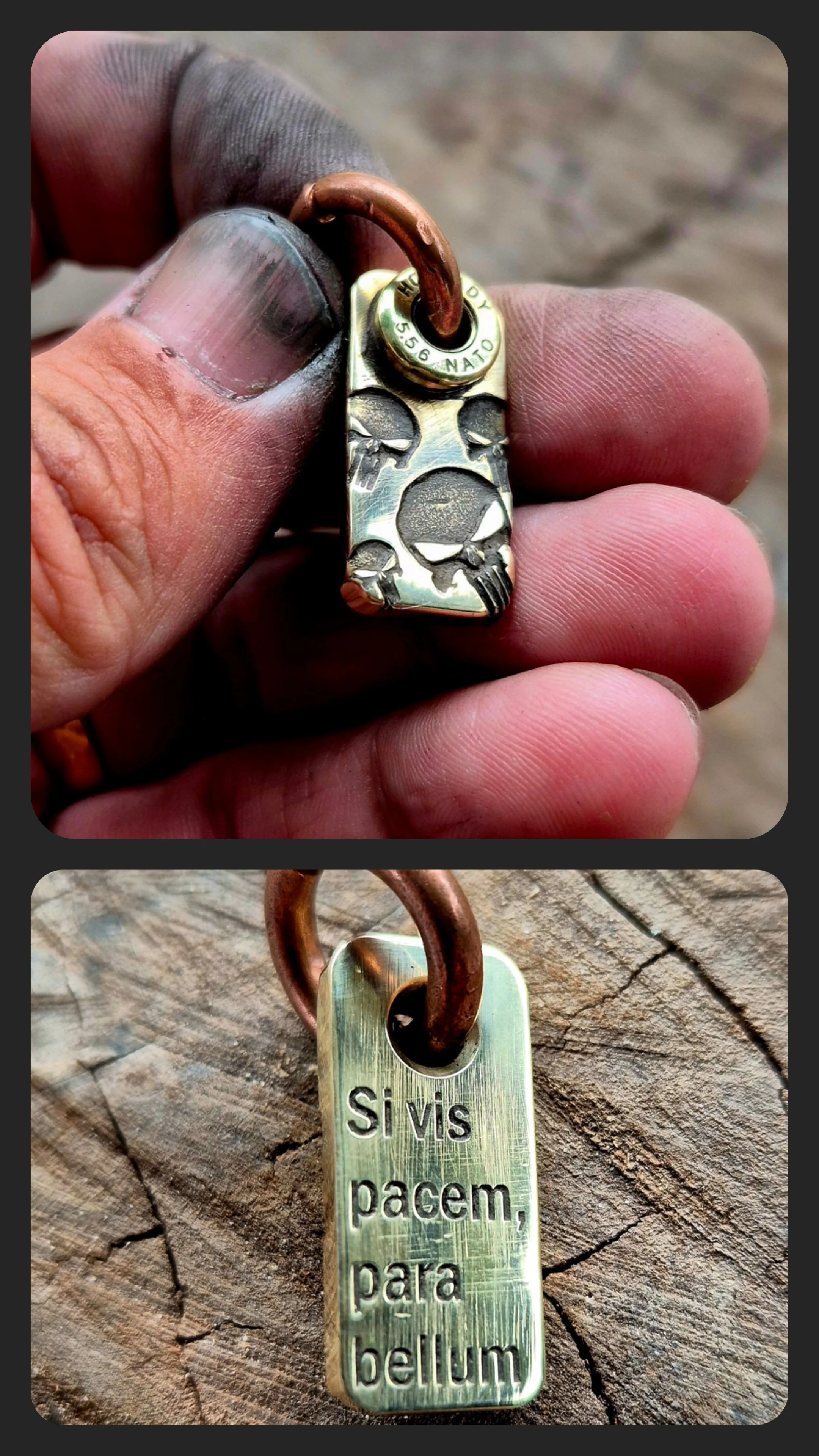 1 X 5.56 NATO Punisher Brass Key Tag — Latin inscription: “Si vis pacem, para bellum”