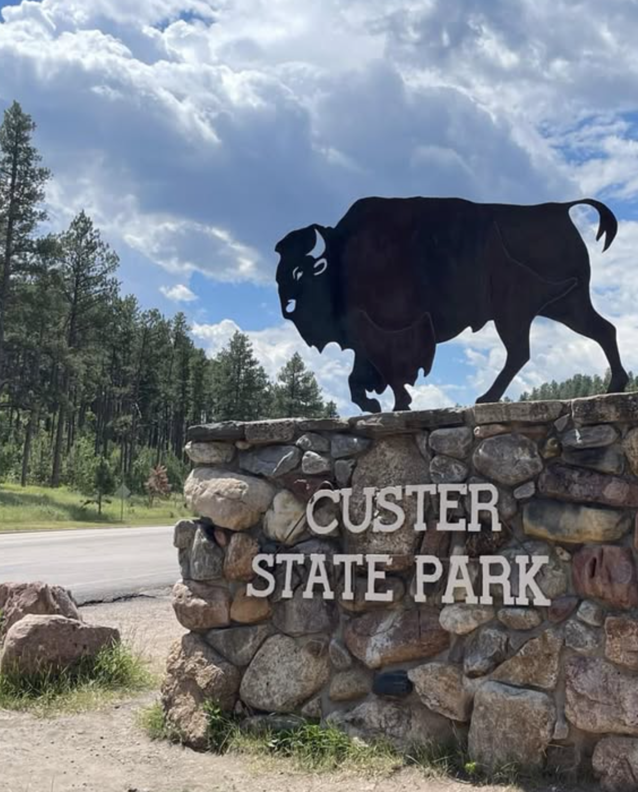 A stone sign with the words "Custer State Park" and a metal silhouette of a buffalo on top, set against a backdrop of trees and a partly cloudy sky.