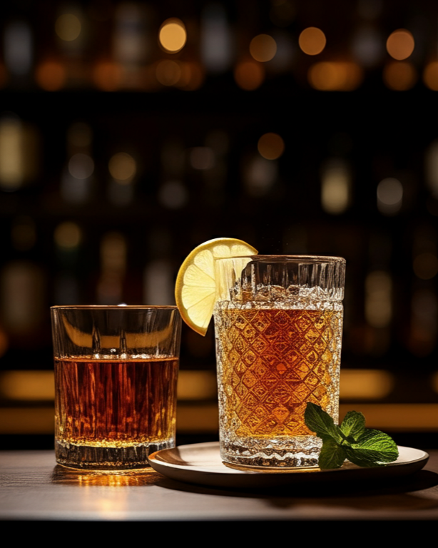 Two glasses of drinks on a bar counter, one with a lemon slice and the other garnished with a mint sprig, against a blurred bar background.