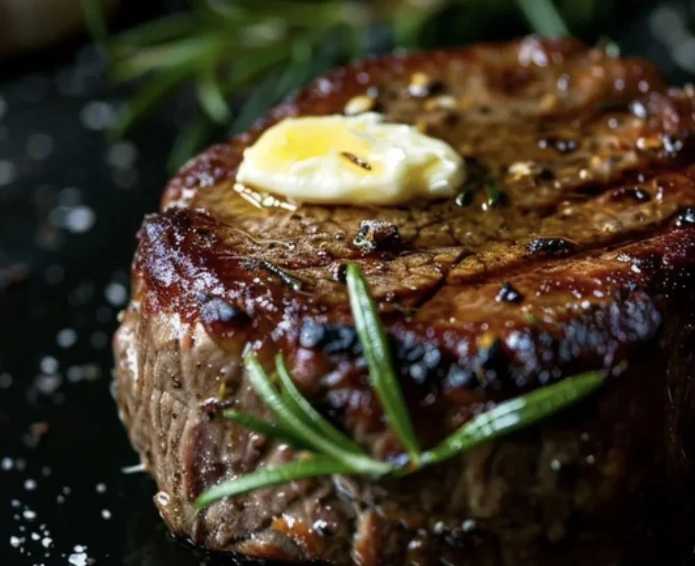 A cooked steak topped with a dollop of butter and garnished with rosemary and green herbs.