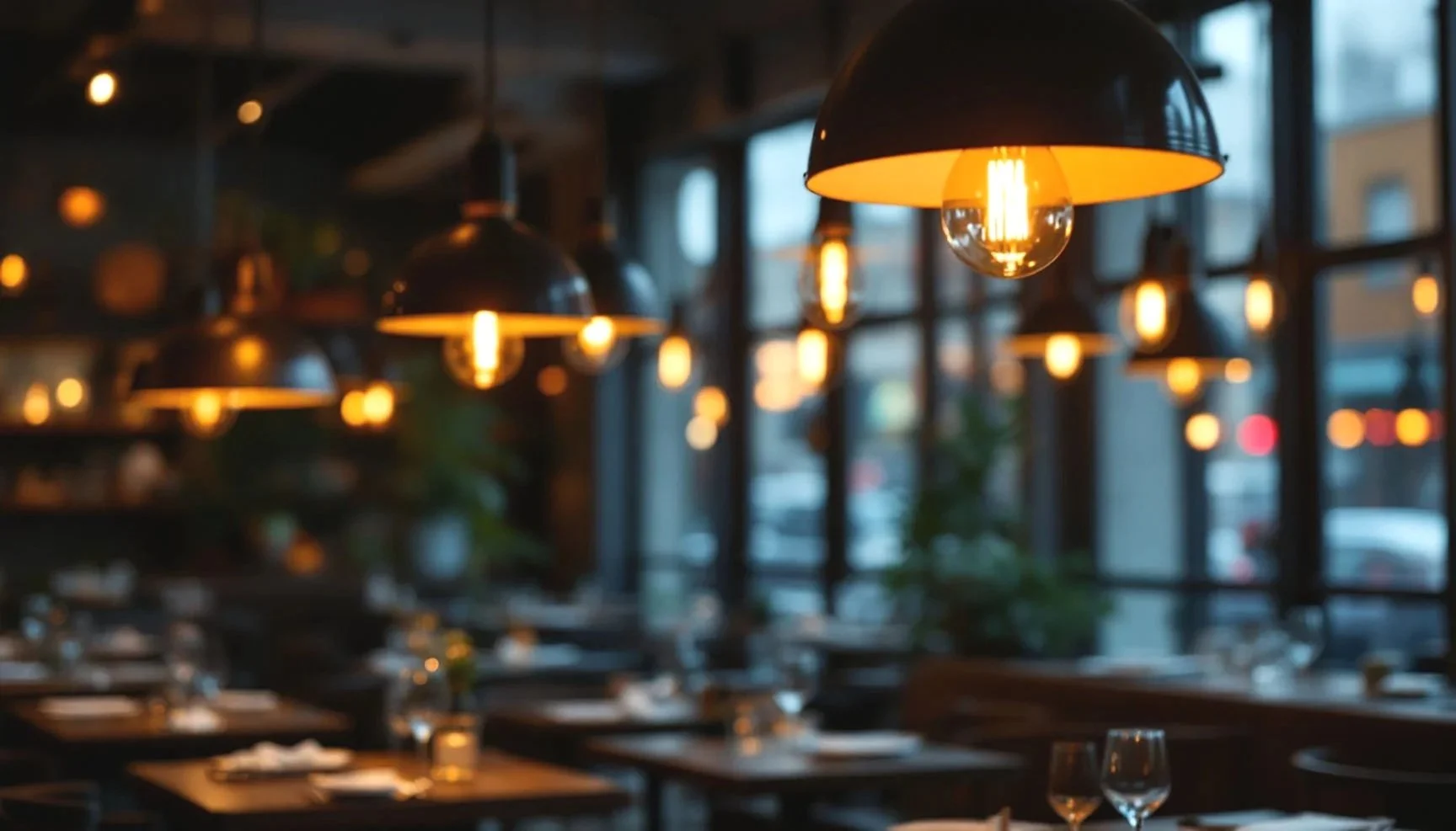 Interior of a restaurant with several hanging black lamps with warm light bulbs, large windows, and blurred dining tables and glasses.