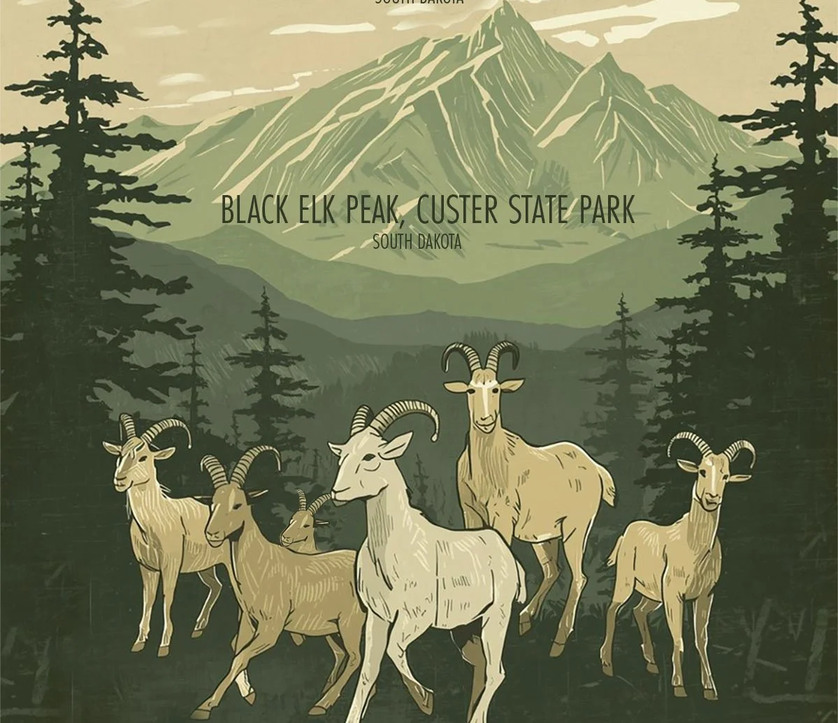 Illustration of mountains with pine trees and a group of six mountain goats in the foreground. Text overlay indicates Black Elk Peak, Custer State Park, South Dakota.