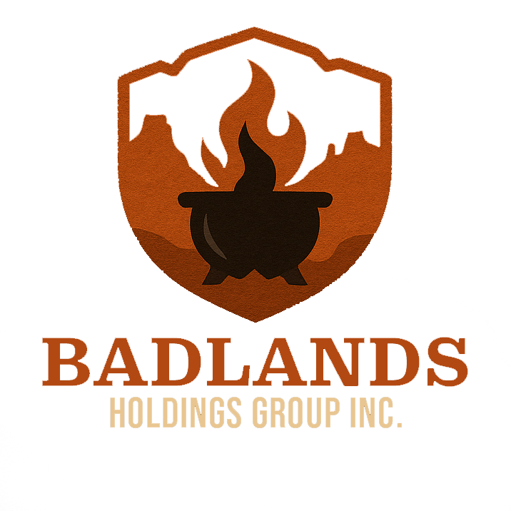 Logo featuring a shield with a campfire at the center, with mountains in the background and the text 'Badlands Hospitality Group Inc. underneath.