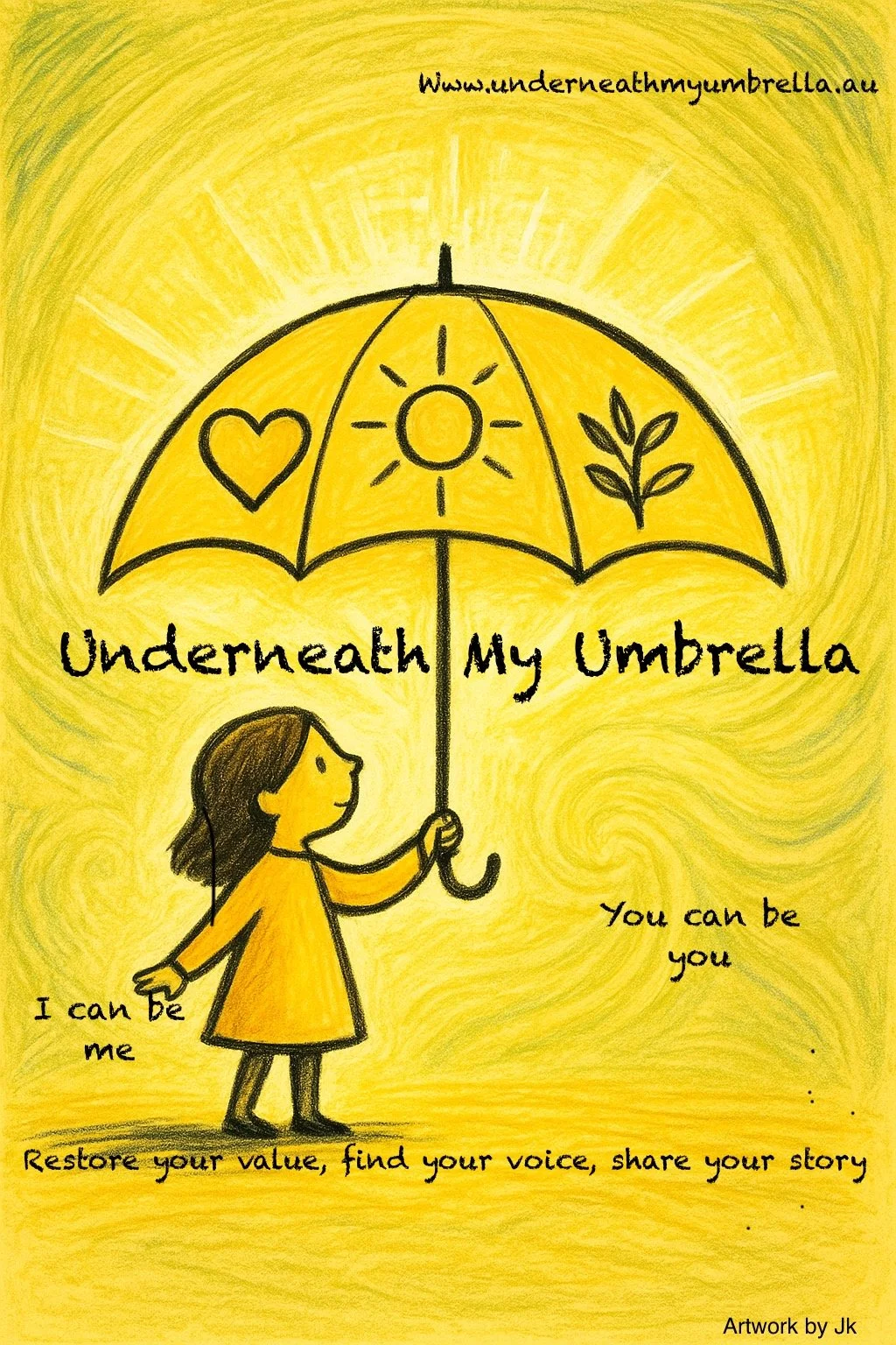 A drawing of a girl holding an umbrella with a yellow background, sun, heart, and plant symbols on the umbrella. Text says "Underneath My Umbrella" and messages about self-identity and sharing stories.