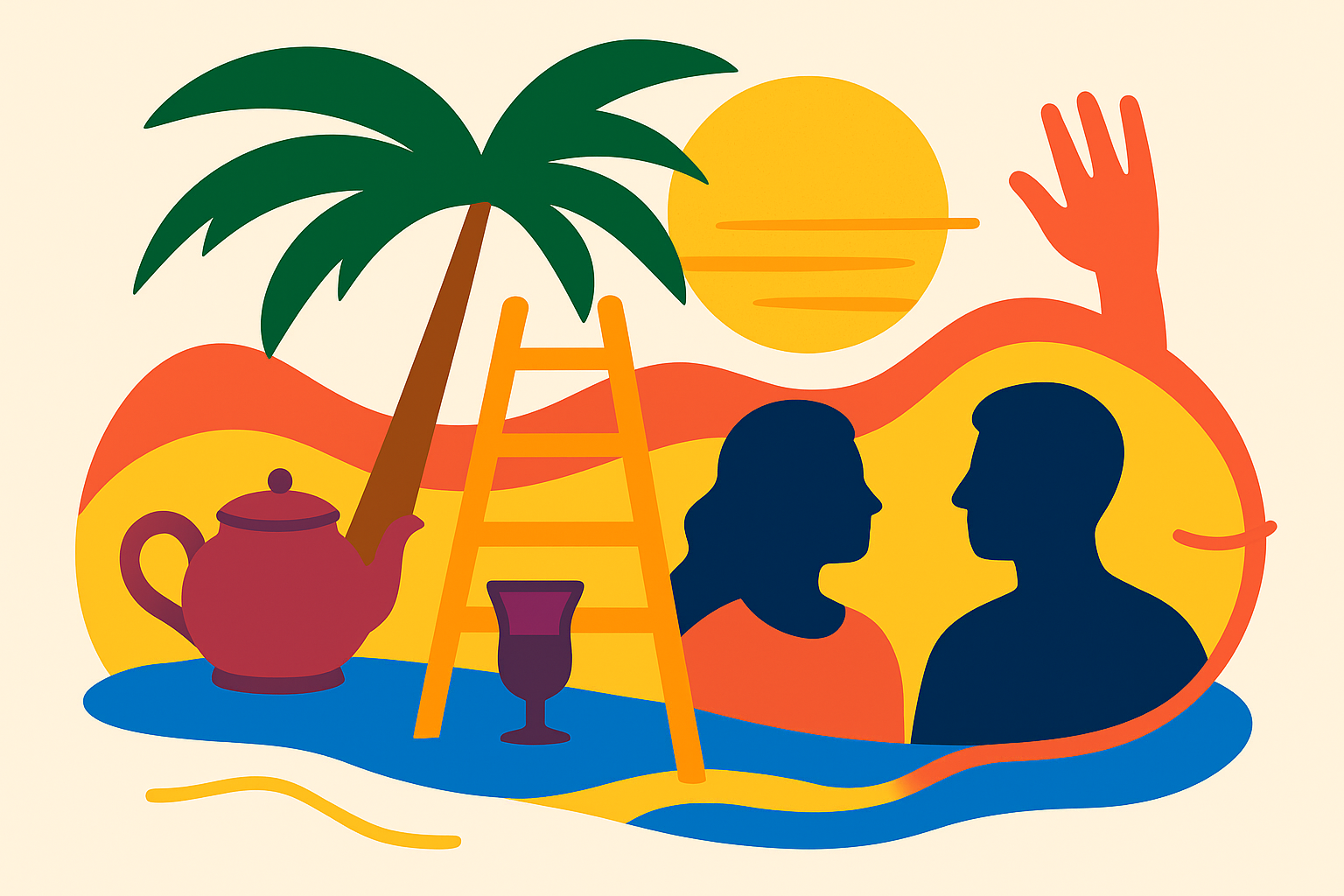 Illustration of a tropical sunset scene with a palm tree, sun, teapot, goblet, ladder, and two silhouetted people facing each other surrounded by colorful abstract shapes.