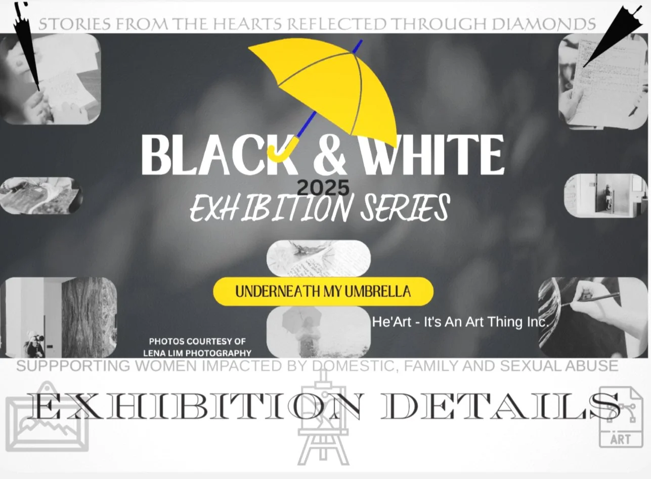 Black and white poster for the 2025 Black & White Exhibition Series titled "Underneath My Umbrella." The poster includes a yellow umbrella illustration and several small black-and-white photos related to the exhibition. Supporting text mentions photo