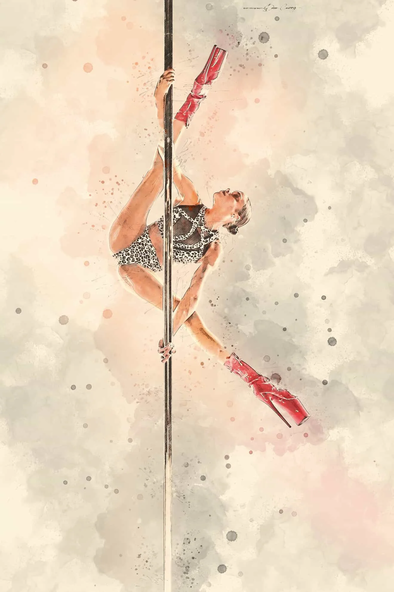 A female pole dancer performing a split on a pole, wearing a leopard print costume and red high-heeled boots, with a watercolor effect background.