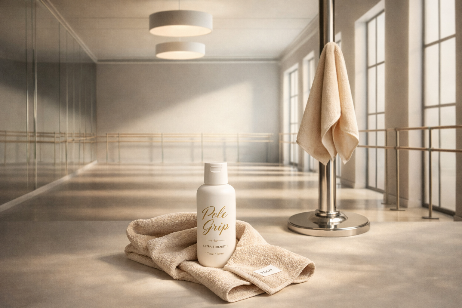 A dry cleaning or laundry studio with a bottle of Pole Grip liquid on a beige towel, a beige towel with a label, a mirror, large windows, and two ceiling lights.