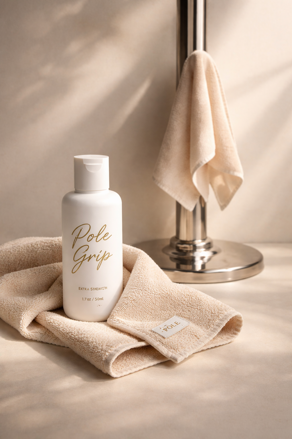 A white bottle labeled 'Pole Grip' with gold writing, a beige towel with a 'Pole' label, and a beige towel hanging on a chrome towel holder, all set against a neutral background with soft lighting.