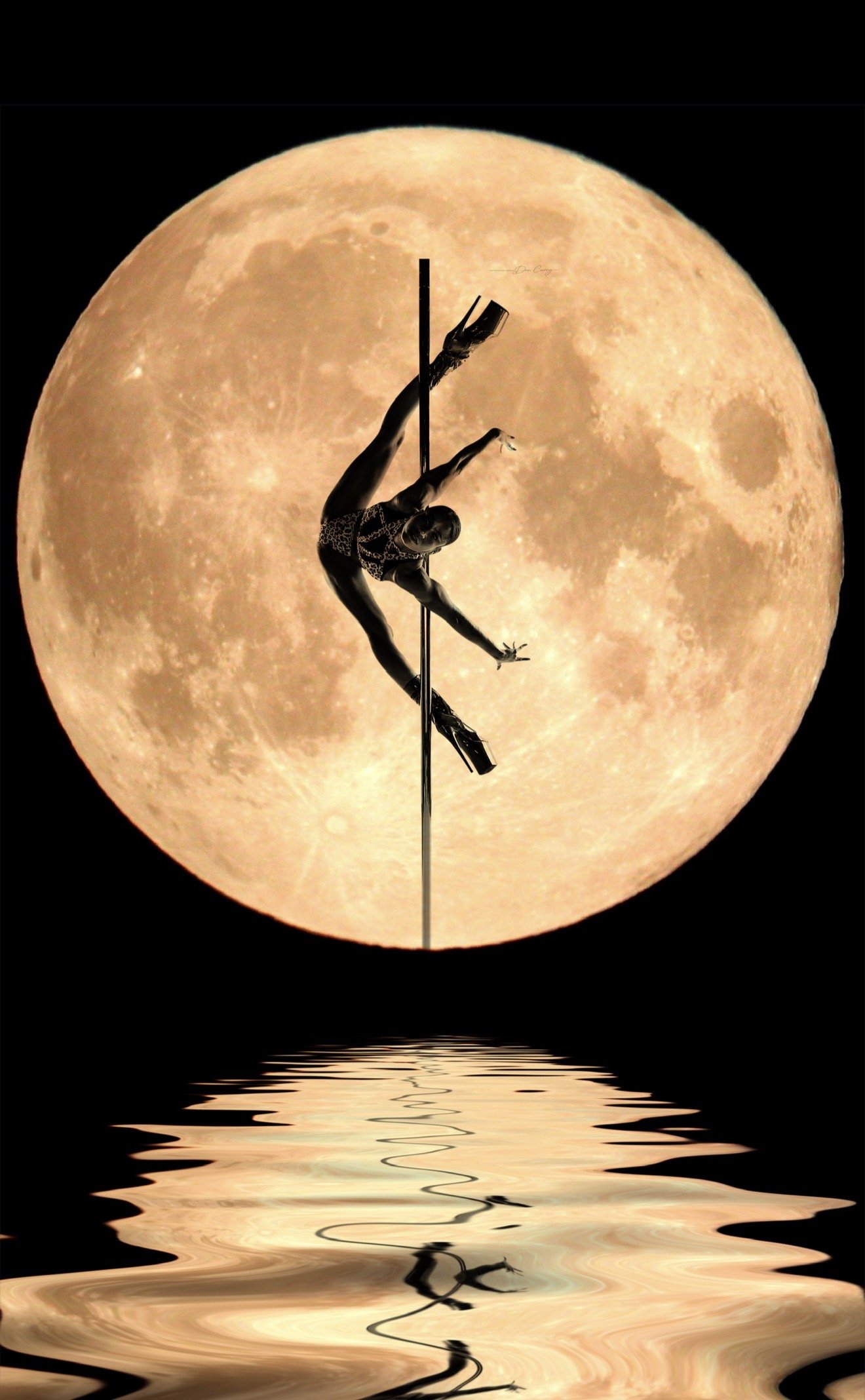 A person in a leotard performing an aerial pose on a vertical pole, with a large full moon in the background and a reflection in water below.