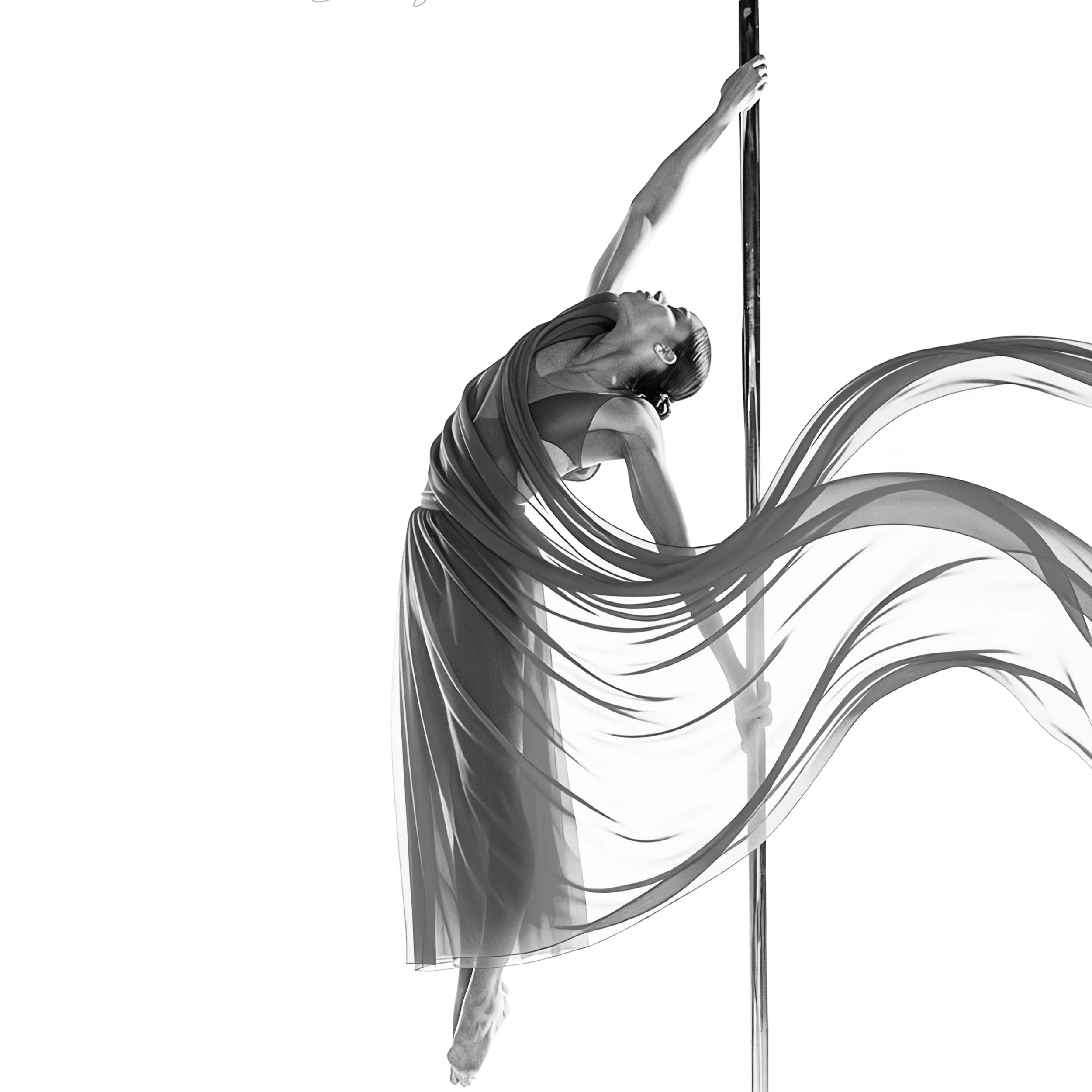 A woman performing pole dance on a vertical pole with flowing fabric around her, in black and white.