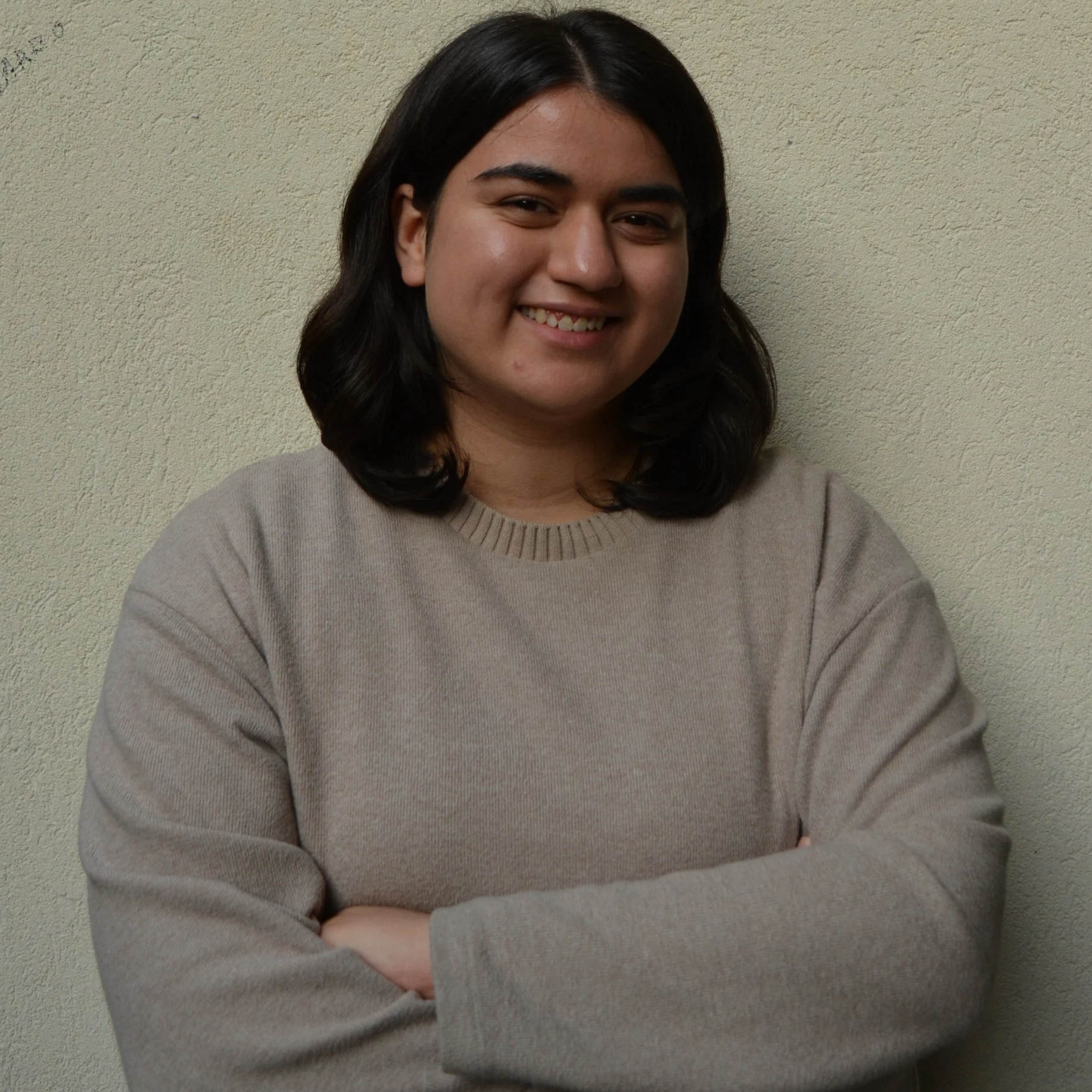 Pessoa sorridente com cabelo escuro, cacheado, usando blusa bege, de braços cruzados, posando contra parede amarelada.