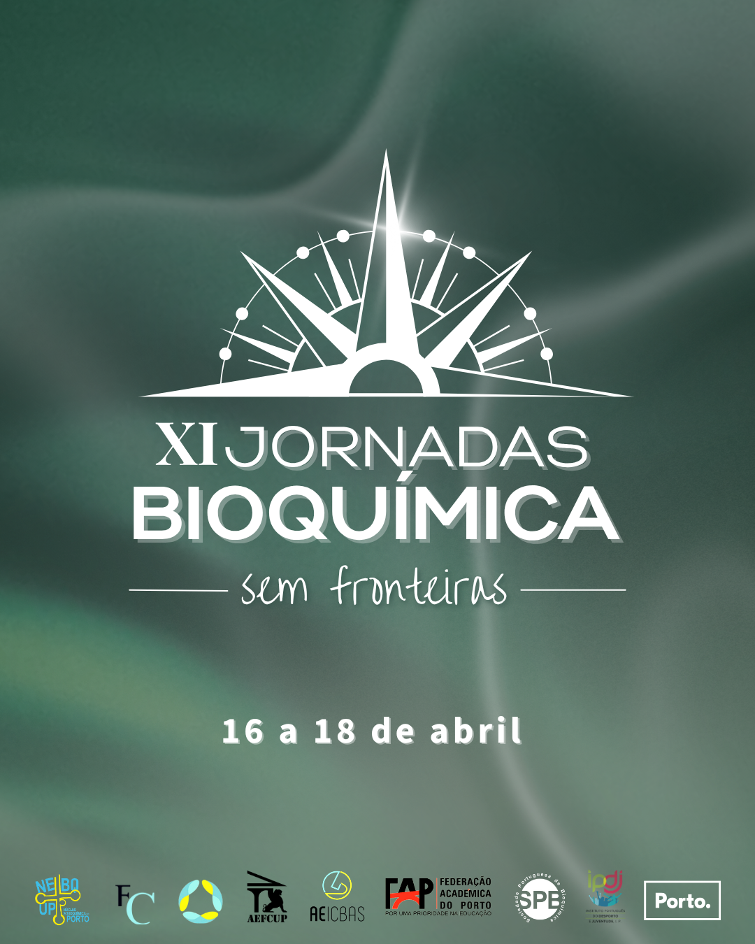 Cartaz de evento científico intitulado 'XII Jornadas Bioquímica', ocorrerá de 16 a 18 de abril, com o tema 'sem fronteiras'. Inclui logos de várias instituições na parte inferior.