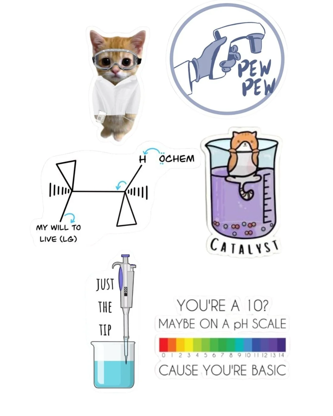 Coleção de desenhos e imagens com tema científico e humorístico, incluindo um gato vestido de cientista com óculos de proteção, um símbolo químico com a frase 'My will to live (LG)', uma reação química com a palavra 'Oxchem', uma experiência com um hamster em um tubo de ensaio com a palavra 'Catalyst', uma seringa e um tubo de ensaio, uma escala de pH com a frase 'You're a 10? Maybe on a pH scale cause you're basic'.