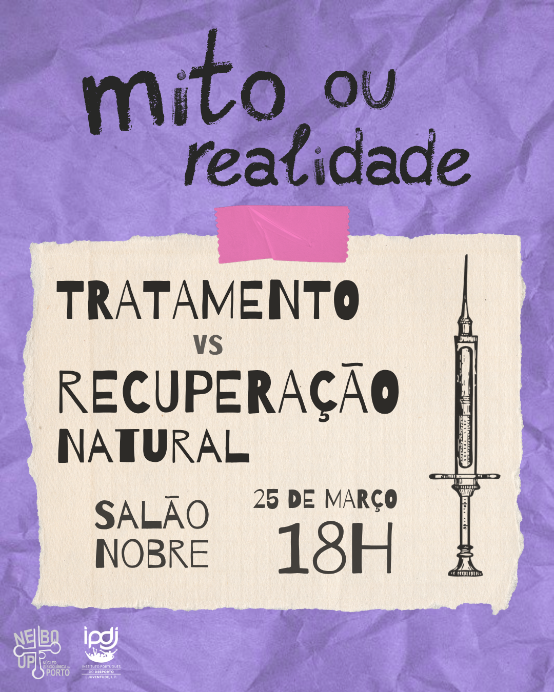 Cartaz divulgando evento sobre cura natural versus tratamento, com data, horário e local, e um desenho de uma seringa ao lado do texto.