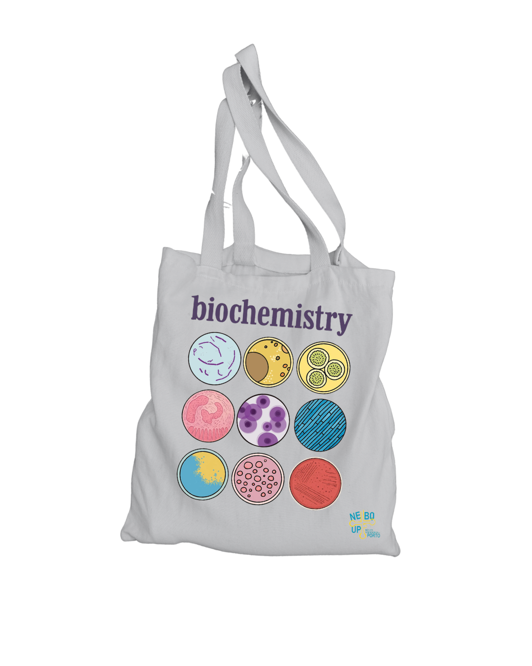 Bolsa de tecido branca com ilustrações coloridas de diferentes células, com a palavra 'biochemistry' escrita na parte superior e o logo 'Nebo Up' na parte inferior direita.
