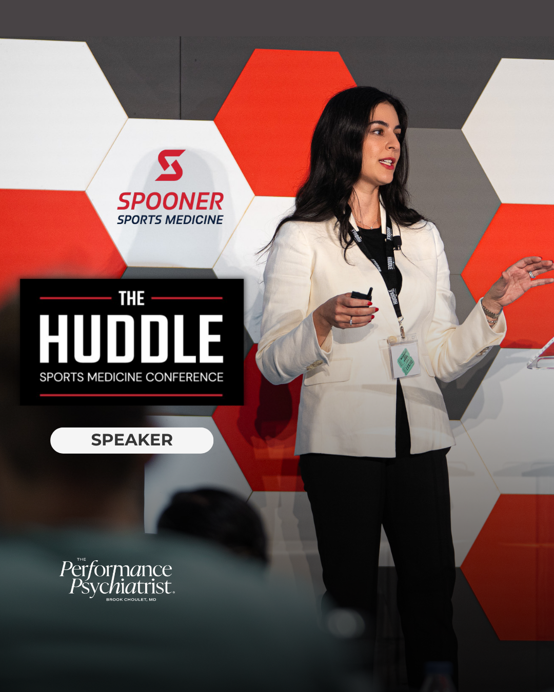 Poster for The Huddle Sports Medicine Conference featuring a headshot of Dr. Brook Choulet, MD, with event details including date, May 1st, and theme focused on mental health and recovery, sponsored by Spooner Sports Medicine.