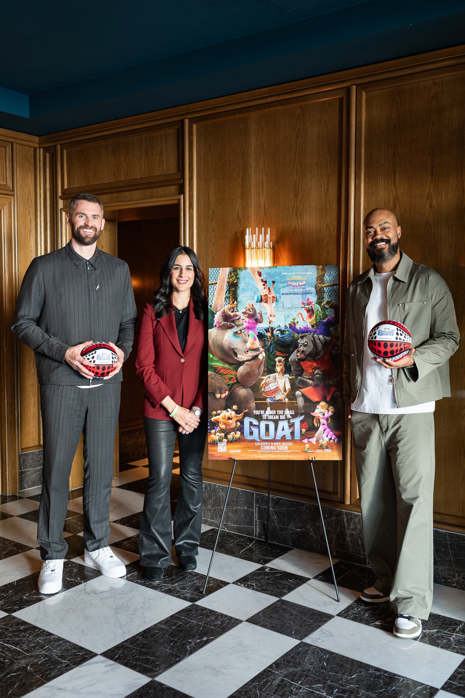 Dr. Brook Choulet, NBA Player Kevin Love, and Sony Picture Animation's Tyree Dillihay at GOAT x Kevin Love Fund's event during NBA All-Star weekend.