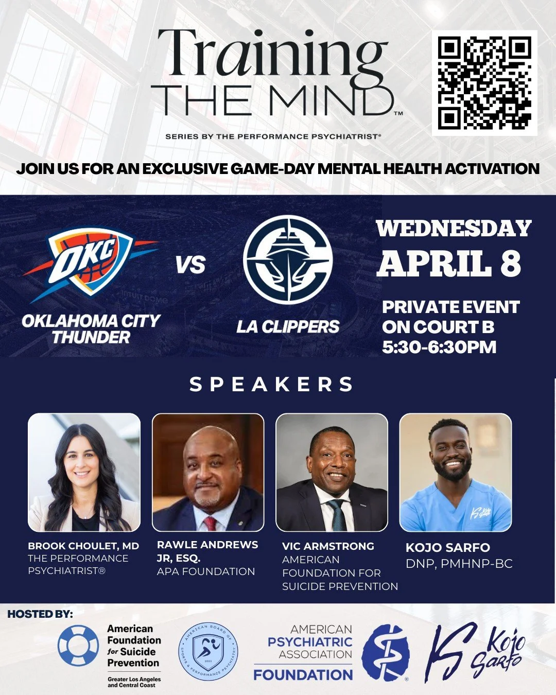 On Wednesday, April 8, the Training the Mind Series&trade; returns to Intuit Dome for a private experience on Court B ahead of Clippers vs. Thunder.

A live pregame panel placing mental health at center court.

📍 Intuit Dome | Court B
⏱️ 5:30&ndash;