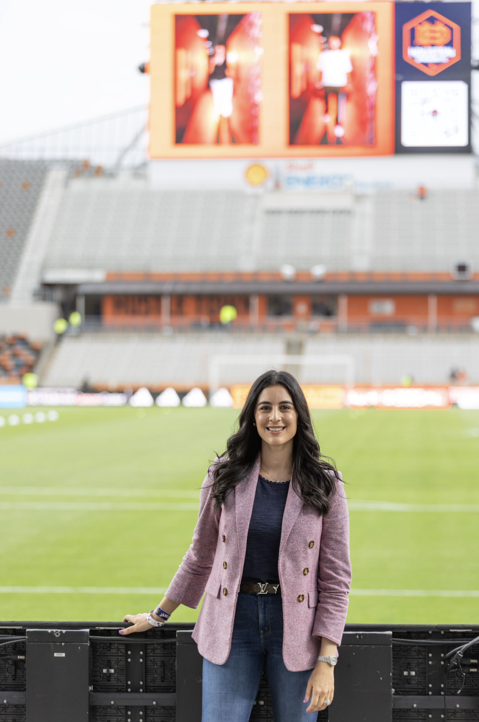 Dr. Brook Choulet attends the Houston Dynamo game to speak on mental health for the MLS