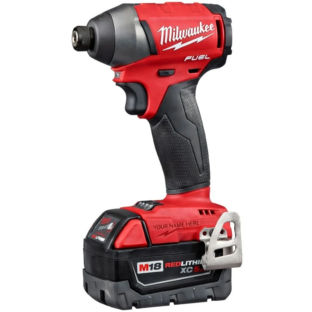 A red Milwaukee cordless impact wrench with a black handle and black battery pack at the bottom.