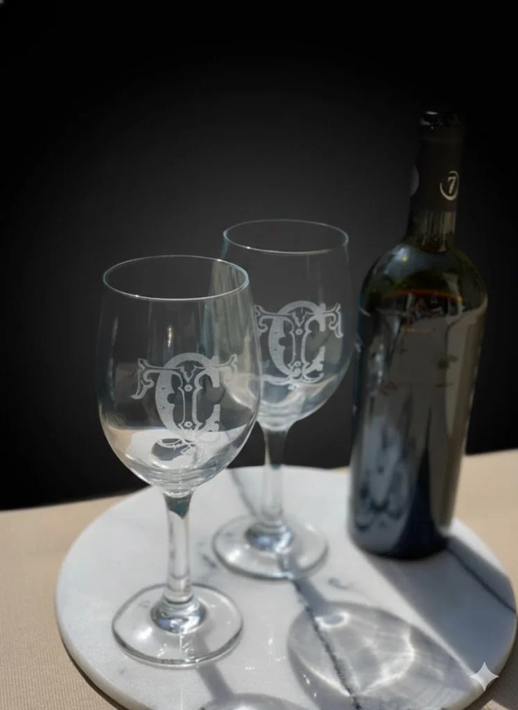 Two empty wine glasses with a decorative monogram on each, placed on a white round tray next to a dark bottle against a dark background.