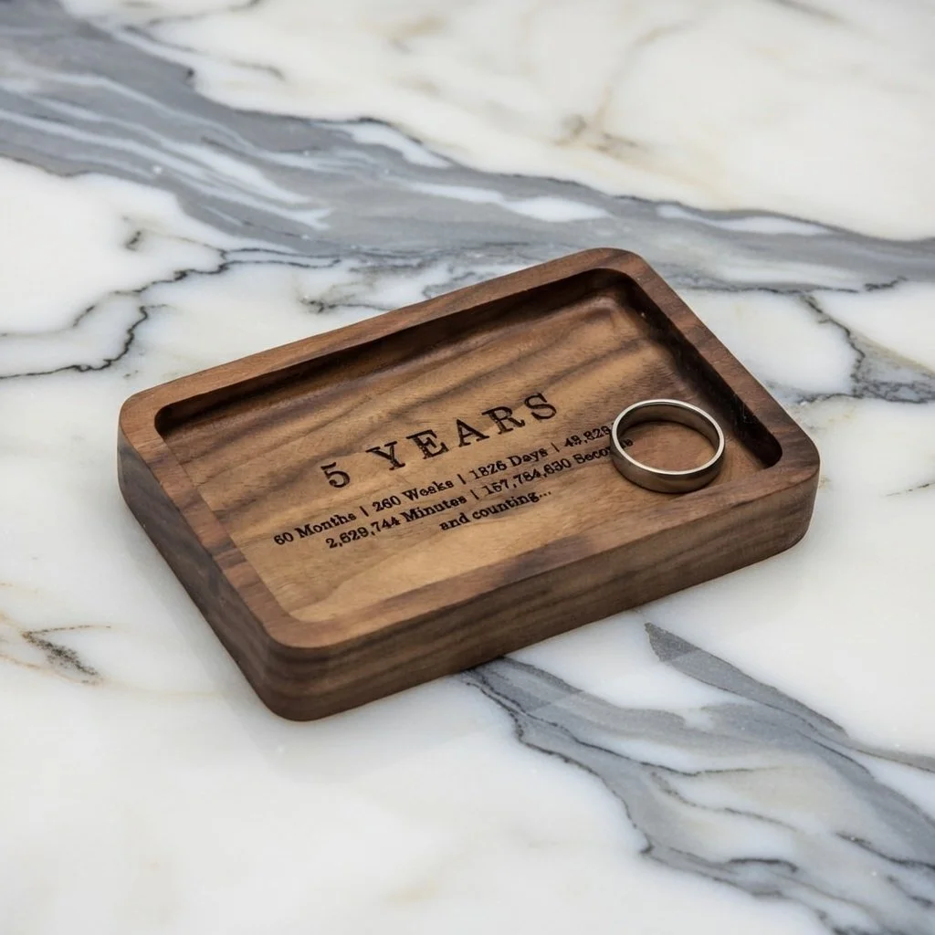 A wooden tray with engraved text that reads '5 YEARS' and anniversary details, with a silver ring placed on the tray, on a marble surface.