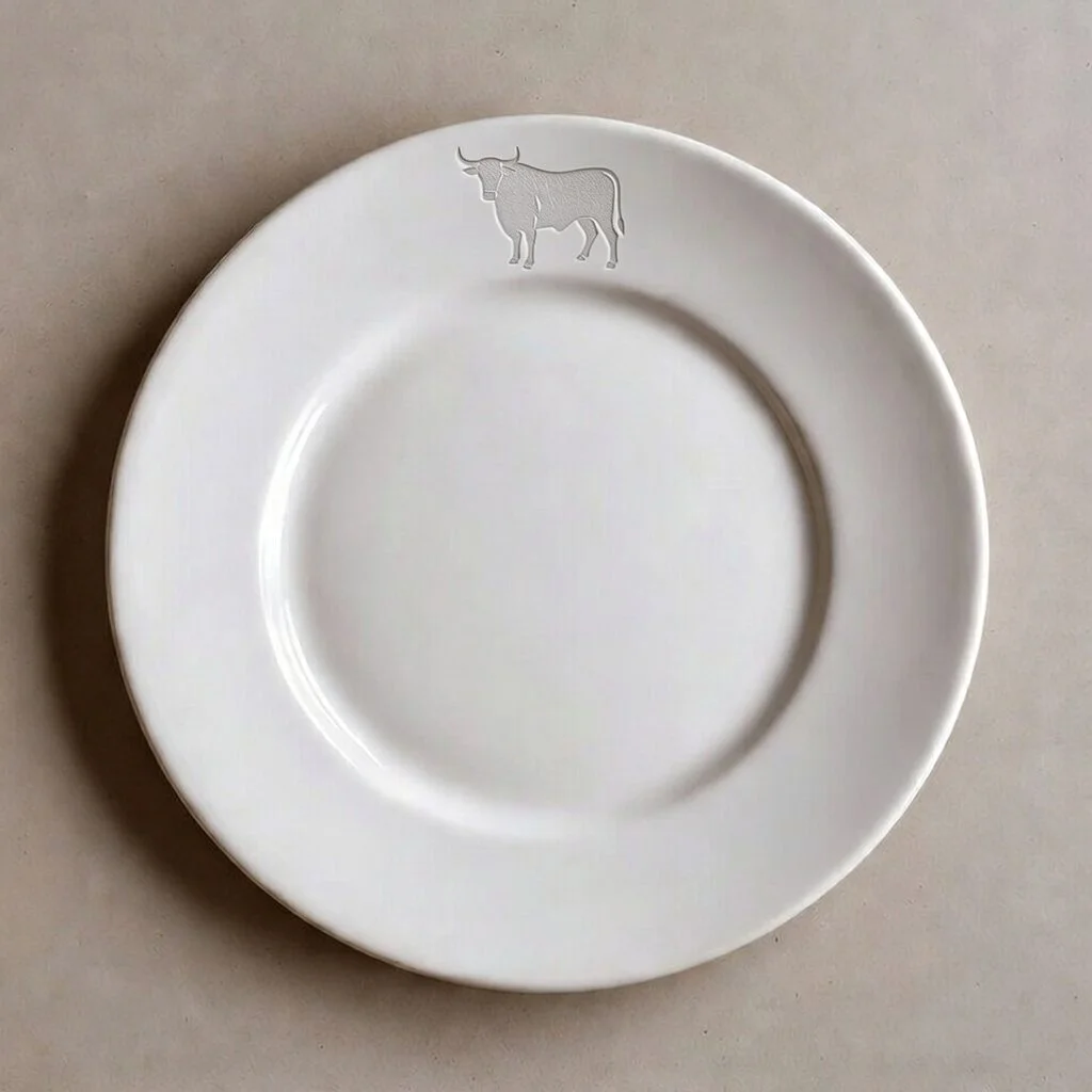 A white ceramic plate with a gray outline of a cow in the top left corner.