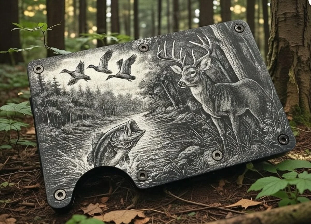 Metal outdoor sign with engraved wildlife scene featuring a buck, a bass fish, and flying geese, set against a forest background.