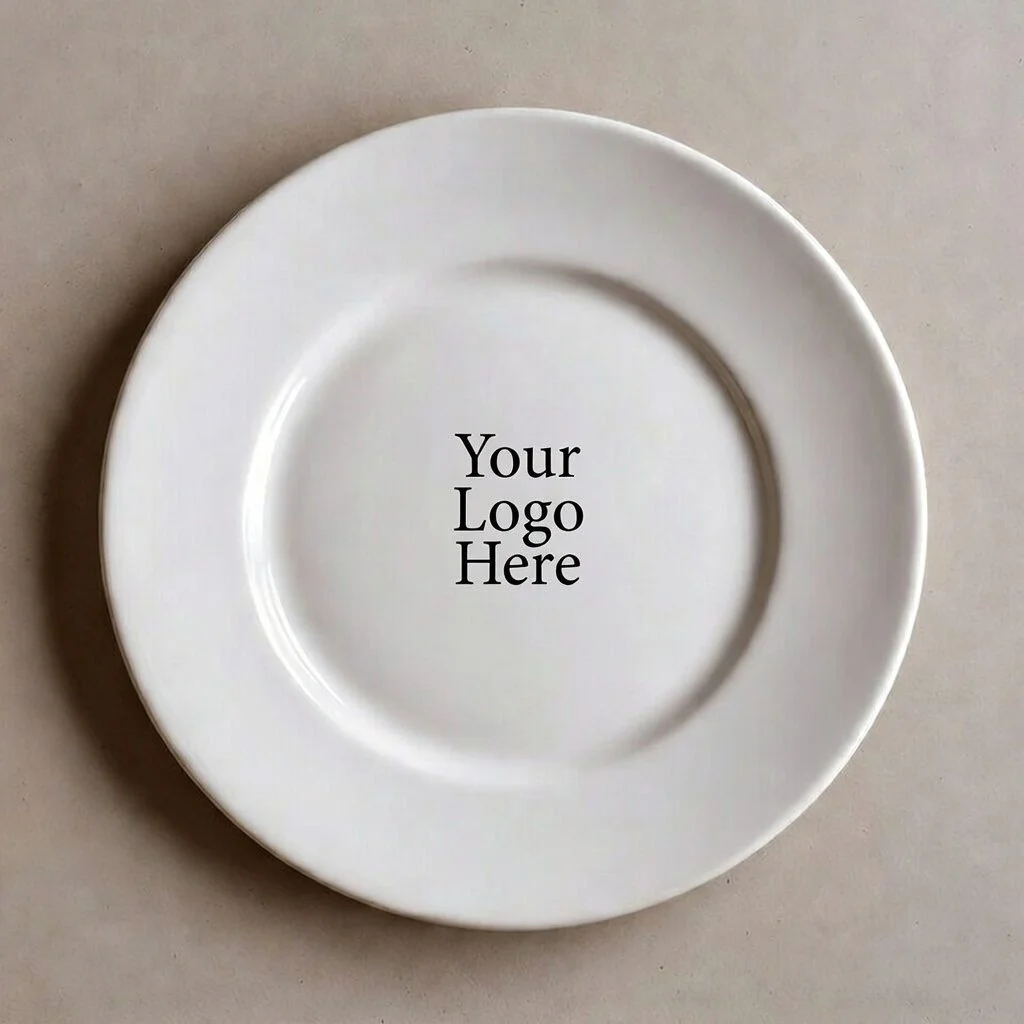 White ceramic plate with the text 'Your Logo Here' printed in the center.