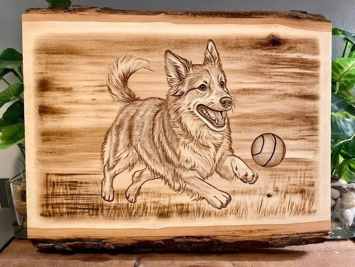 Wooden plaque with engraved image of a happy dog playing with a ball outdoors.