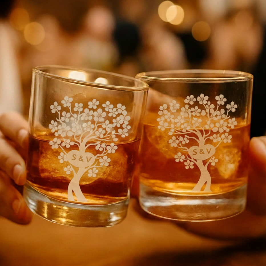 Two glasses of a golden-colored drink with ice, decorated with a white tree design and initials 'S & V', held by two people.