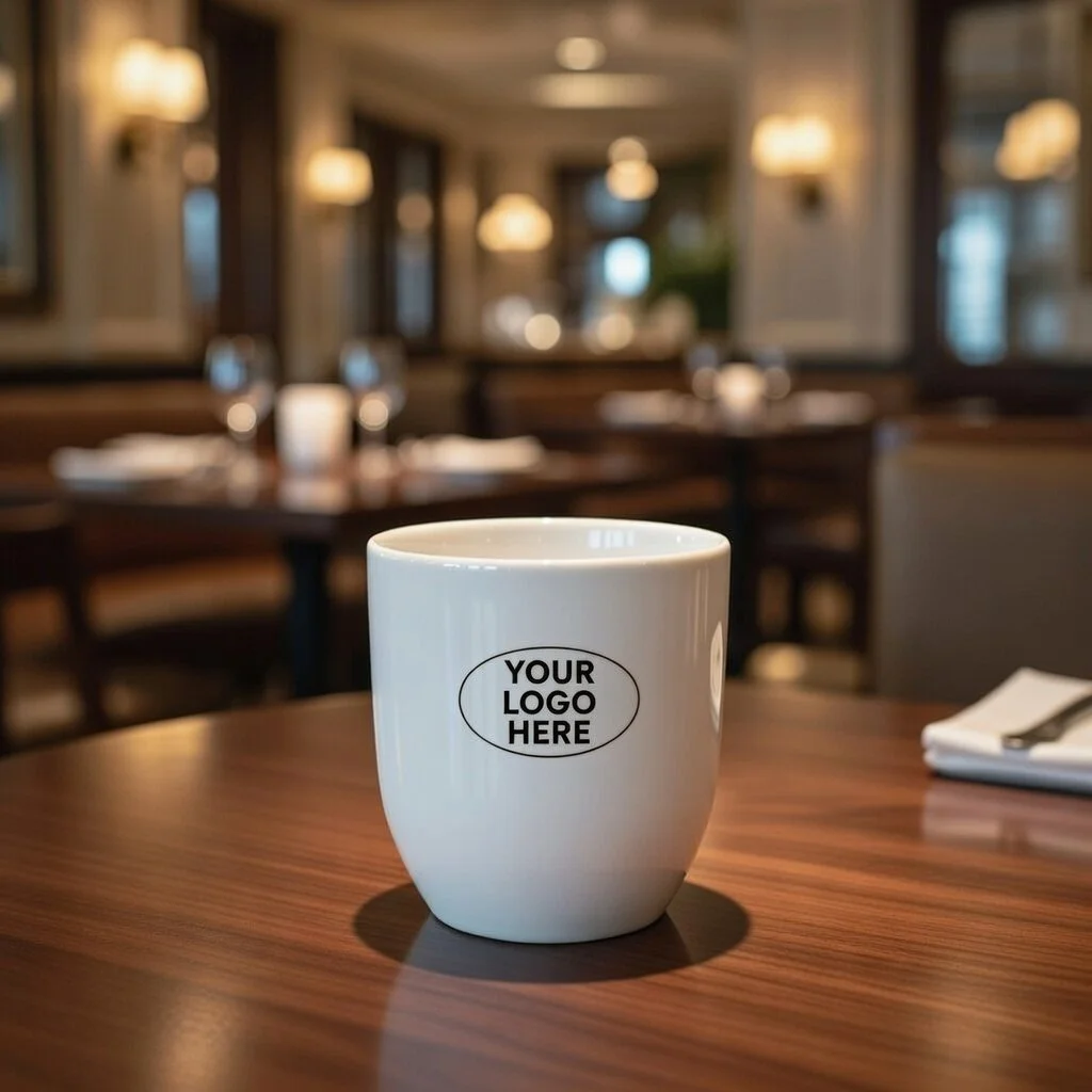 White coffee mug with 'Your Logo Here' text sits on a wooden table in a warmly lit restaurant or cafe with blurred tables and lamps in the background.