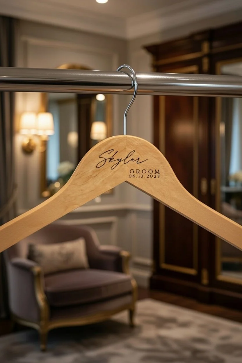 A wooden hanger engraved with the name Skylar, the word GROOM, and the date 06.13.2023, hanging on a metal clothing rack in a luxurious room with elegant furniture and warm lighting.