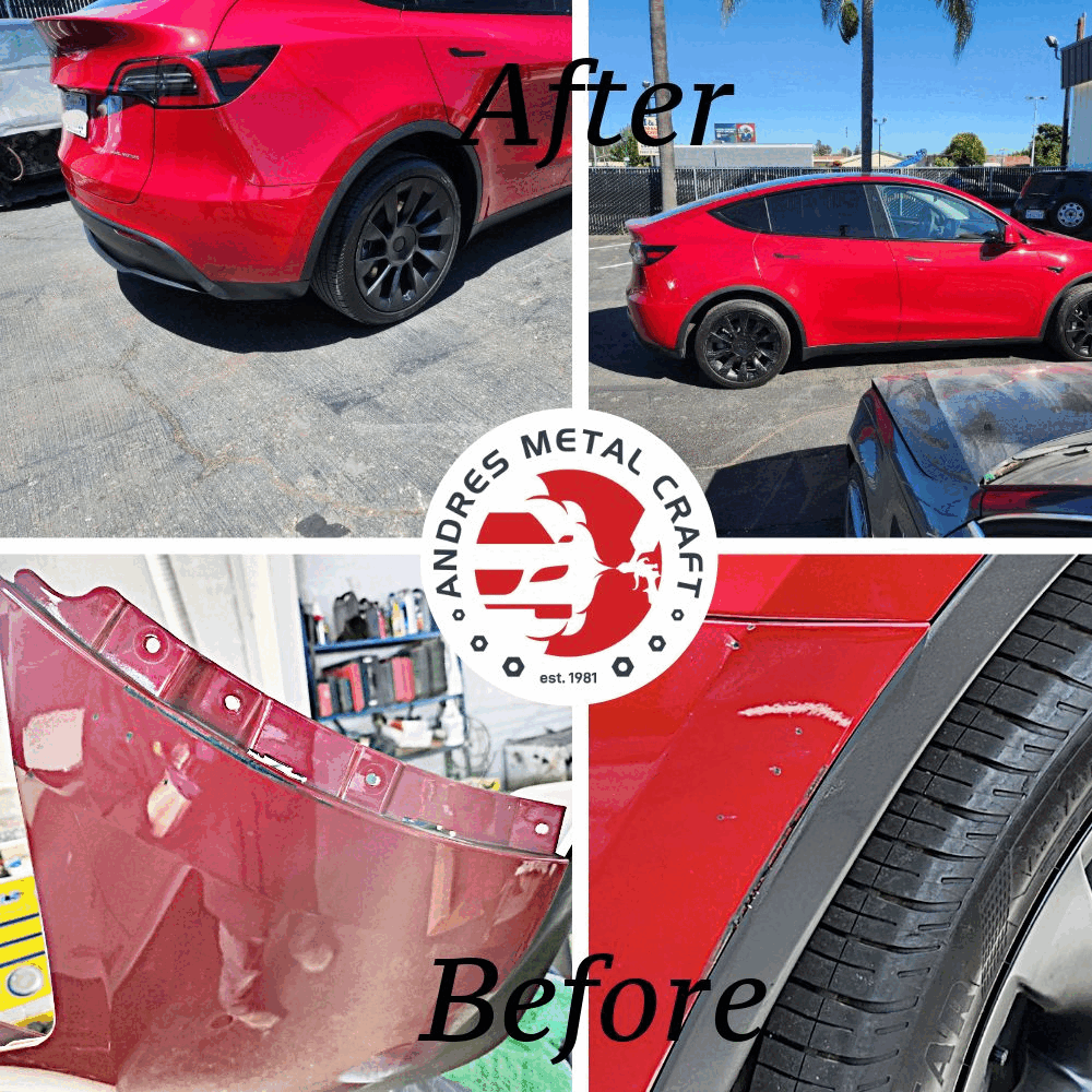 Comparison of a red car after and before metal craft repair with images of the vehicle's damaged and repaired parts, and a logo of Andres Metal Craft.