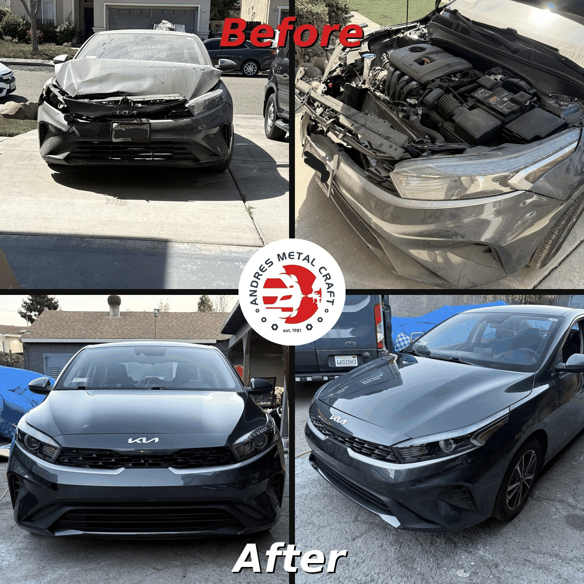 before images are broken car with collision damage to front, after image is car repaired after collision