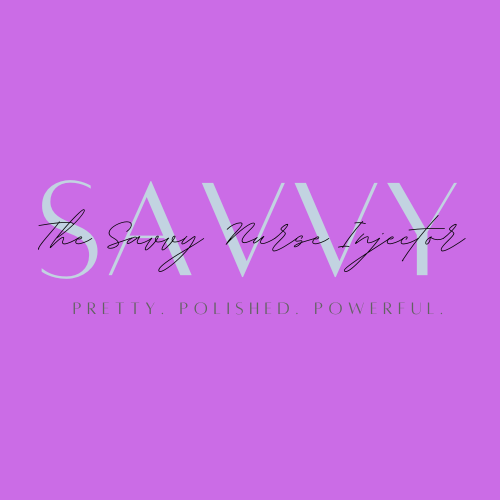 Purple background with white and black text that says 'SAVVY' and 'The Savvy Nurse Injector.' Below that, it says 'PRETTY. POLISHED. POWERFUL.'