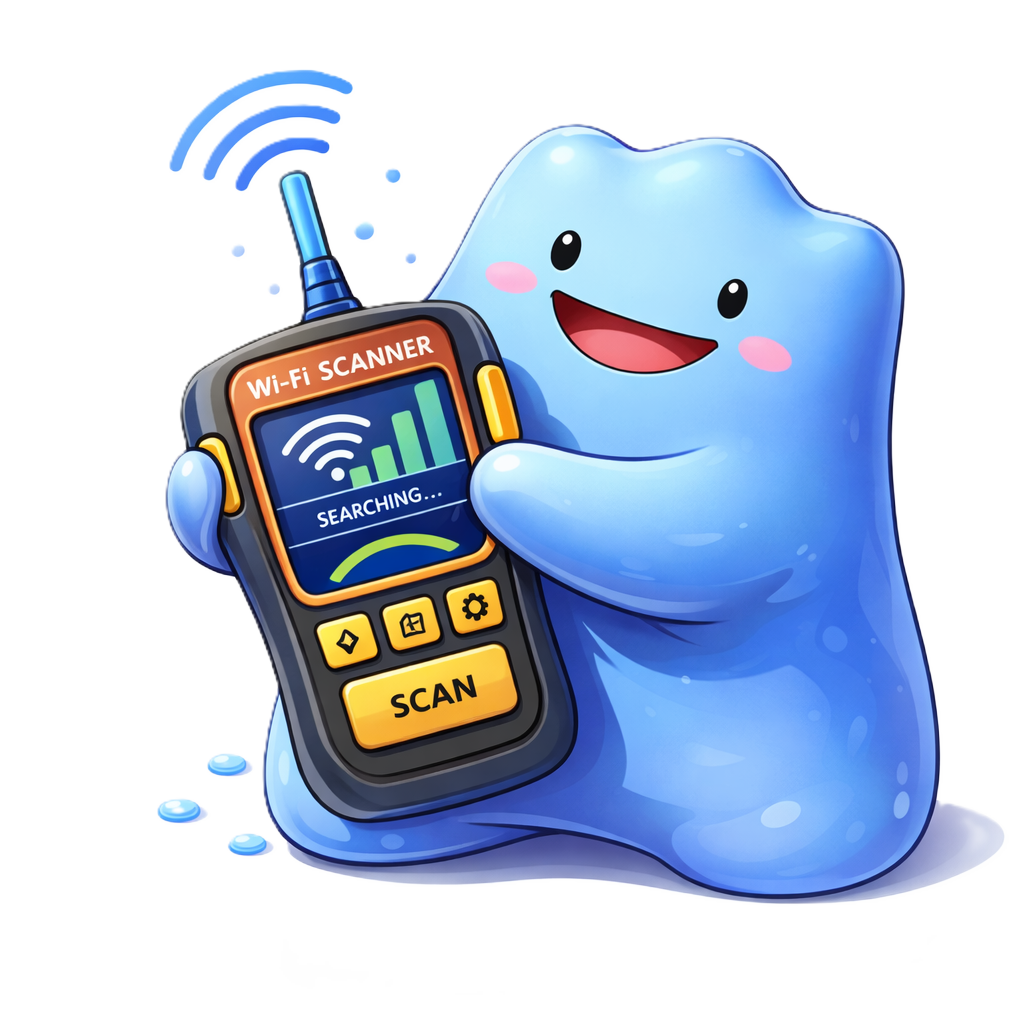 A cute cartoon blue tooth-shaped character holding a Wi-Fi scanner device with an antenna, displaying a searching signal on its screen.