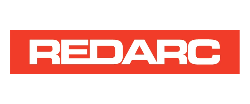 The logo of REDARC, a company specializing in automotive and industrial electronics, features the company name in bold white letters on a red background, with a black rectangular border around the logo.