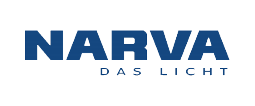 Narva. Das Licht logo in blue text on a black background.
