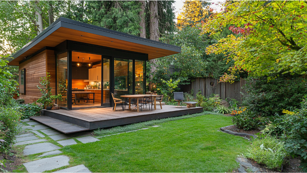 A small modern wooden cabin with large glass sliding doors, situated in a lush garden surrounded by trees and plants.