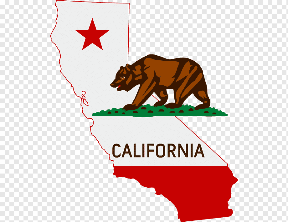 Illustration of a map of California with the state flag elements, including a red star, a grizzly bear walking on grass, and the word "California".