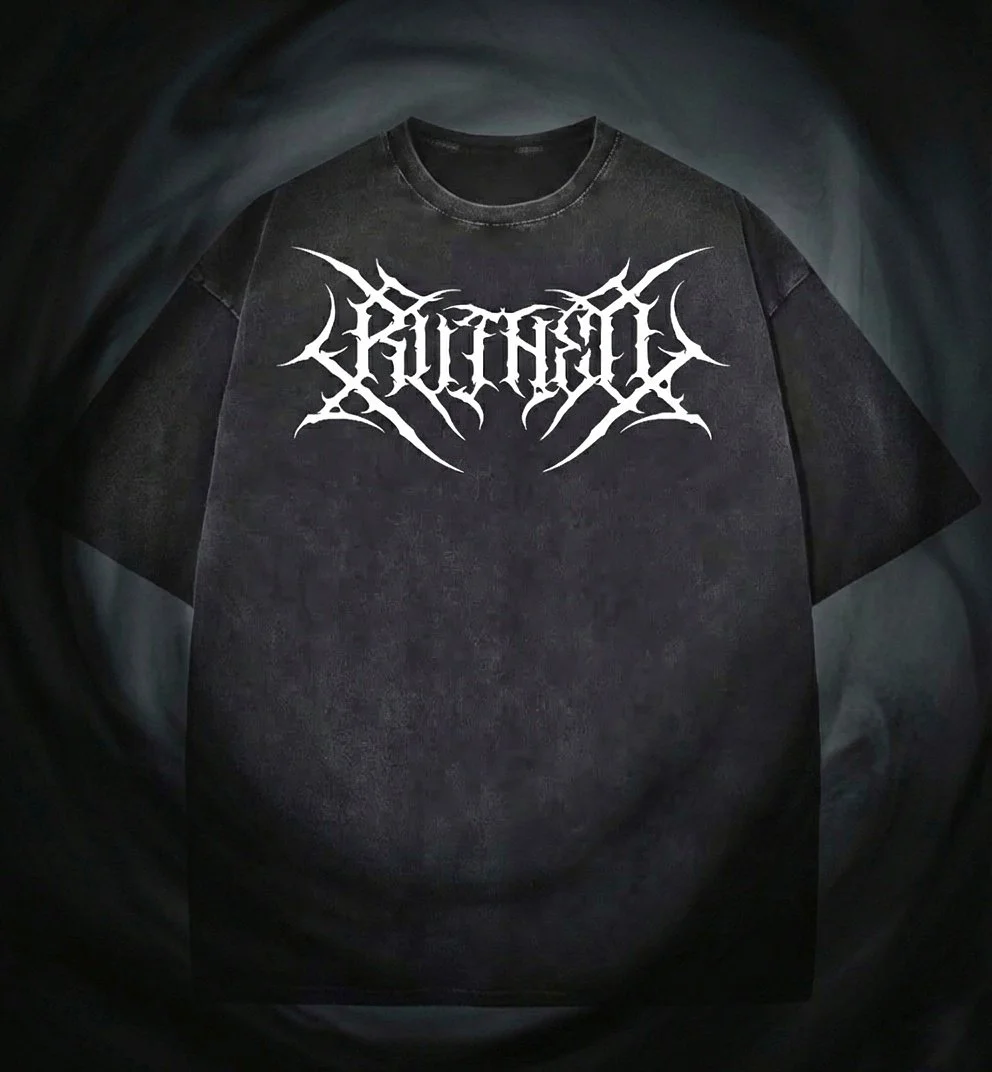 Black T-shirt with white graphic logo in a gothic style. Reads ruined