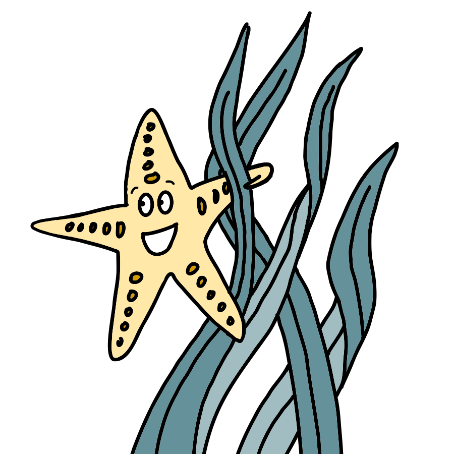 A smiling cartoon starfish with black dots on its body, clinging to dark blue seaweed against a black background.